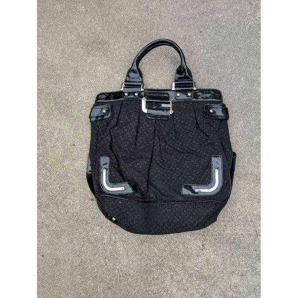 Guess Handbags - Guess Womens Satchel Handbag Black Monogram Signature Patent Trim Top Handle Bag